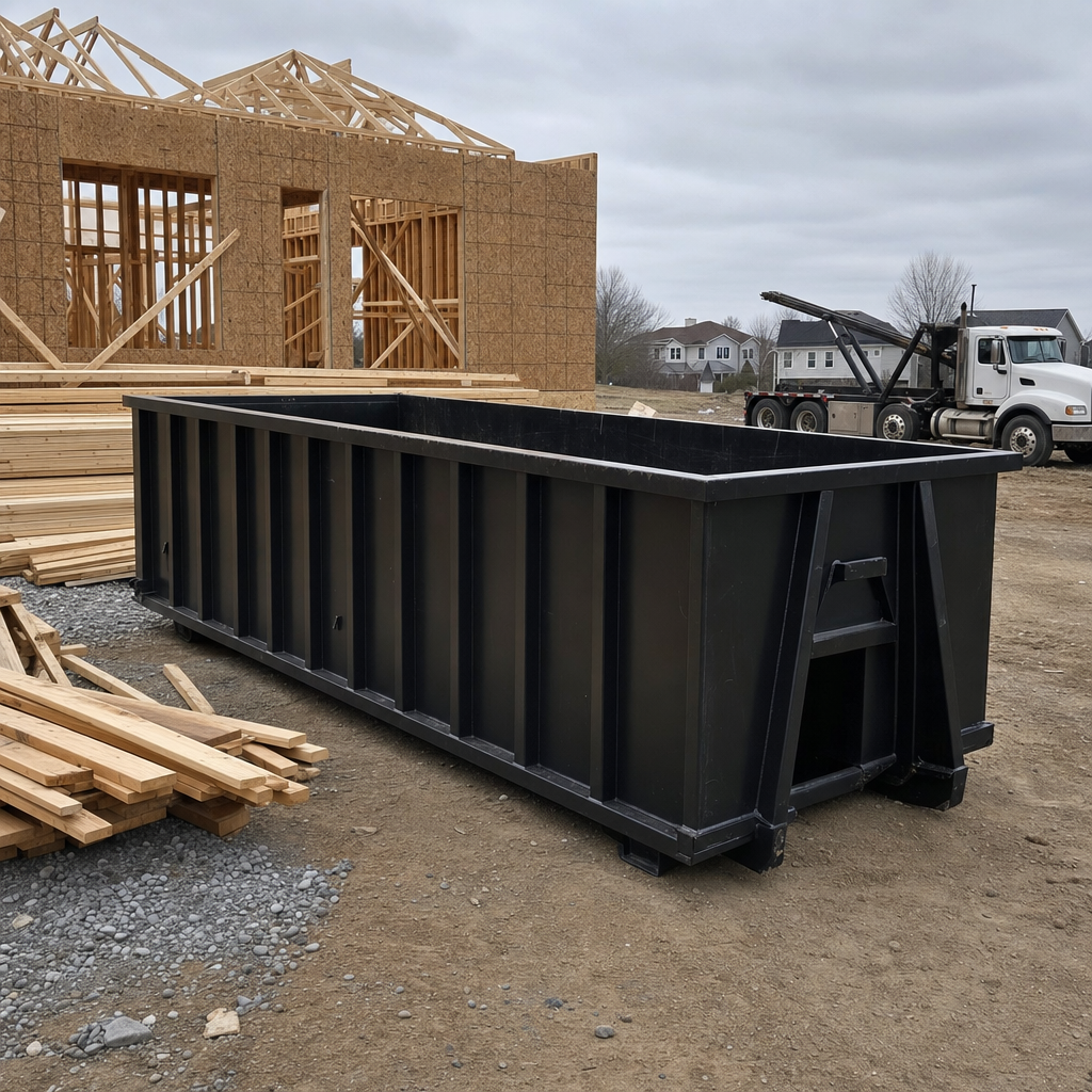 Matte-black 40-yard roll-off dumpster staged on a framed-out residential construction site in Orlando, framing lumber stacked nearby, hooklift delivery truck visible in the background under bright Colorado daylight
