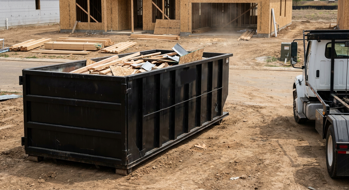 Matte-black 20-yard roll-off construction dumpster with heavy ribbed steel sidewalls and swing rear doors at a working jobsite in Orlando, sitting directly on compacted dirt with an unmarked white hauler partially visible at the far edge of the frame.