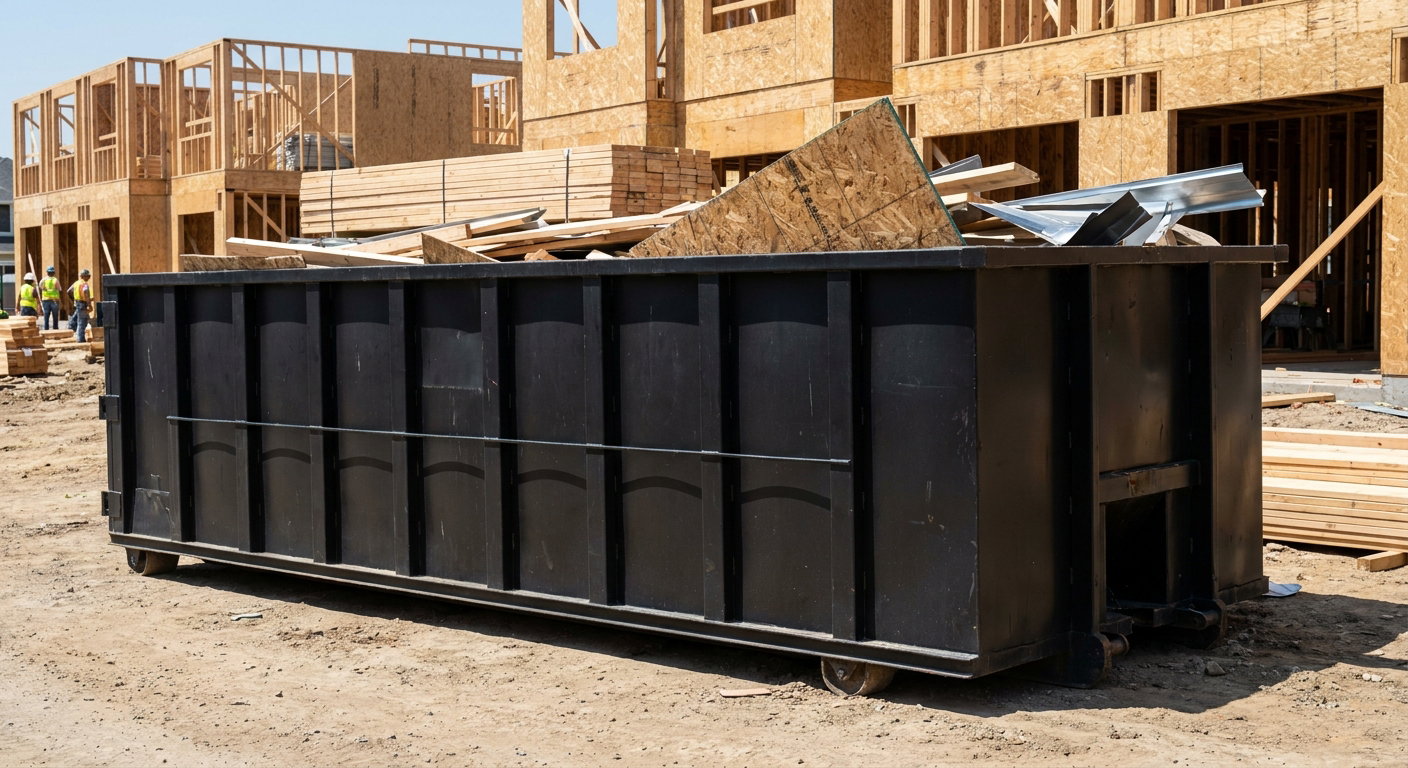 Matte-black 40-yard roll-off construction dumpster being lowered from a white-cab hooklift delivery truck onto the compacted-dirt jobsite at a commercial build site in Orlando