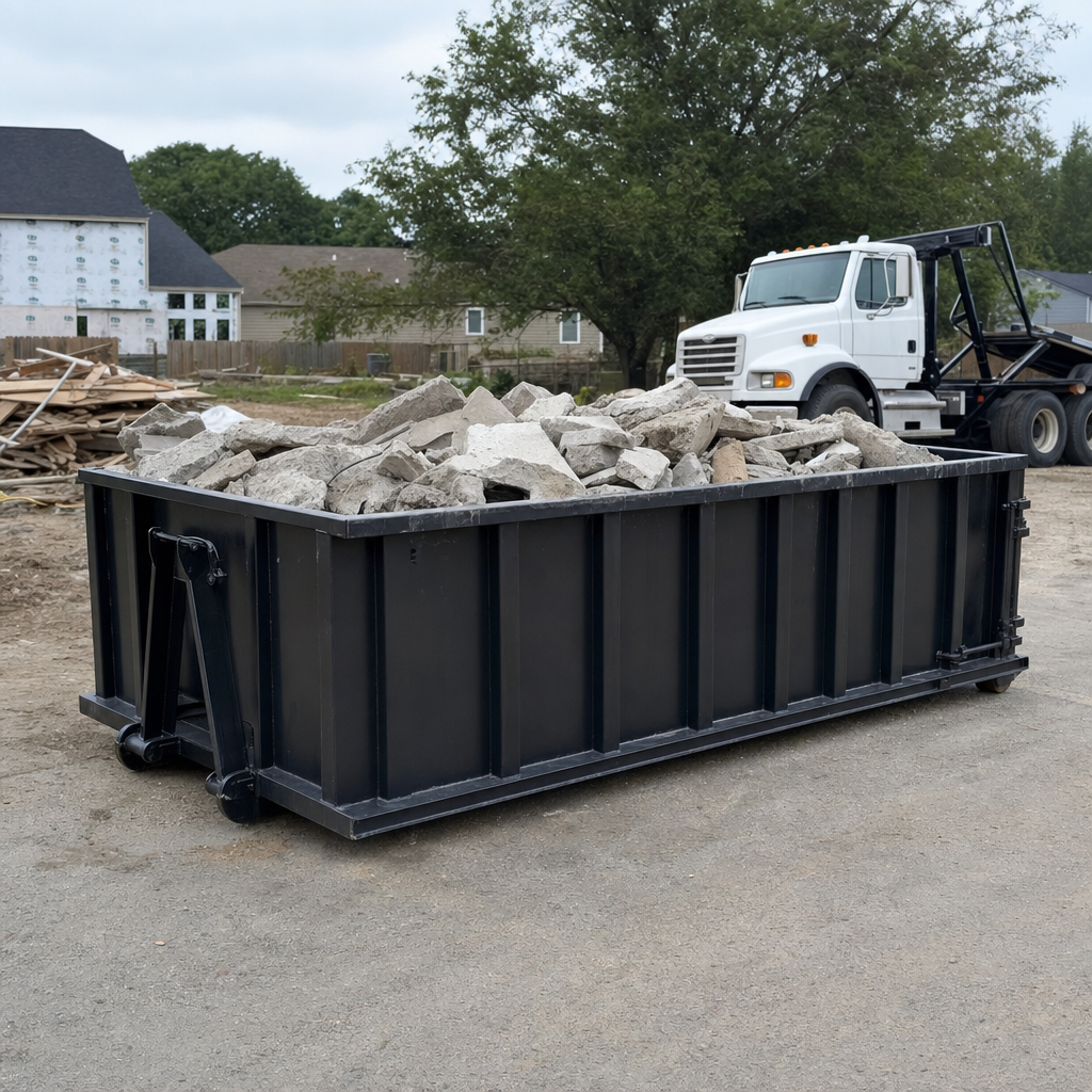 Low-profile matte-black lowboy roll-off dumpster loaded with broken concrete slab and rebar at a foundation tear-out in Orlando, skid steer parked beside it, sunny Colorado morning