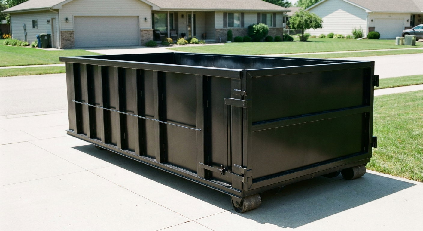 Matte-black 10-yard roll-off dumpster on a residential concrete driveway in Orlando, uniformly painted matte black across every panel and rail, ribbed steel sidewalls and rear swing door visible, mid-day daylight.