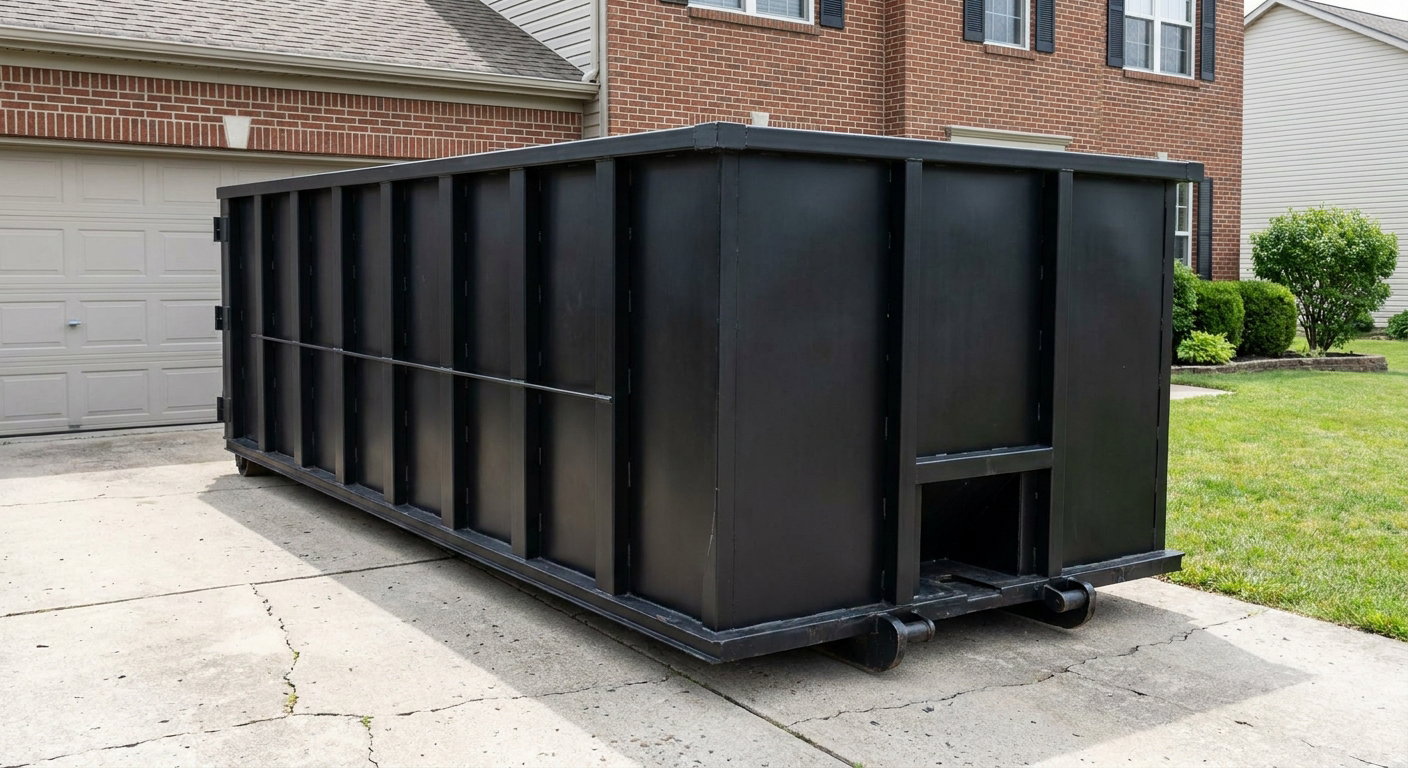 Matte-black 20-yard roll-off container on a Orlando residential concrete driveway with reinforced ribbed steel sidewalls and a hinged rear walk-in door, clean bright daylight.