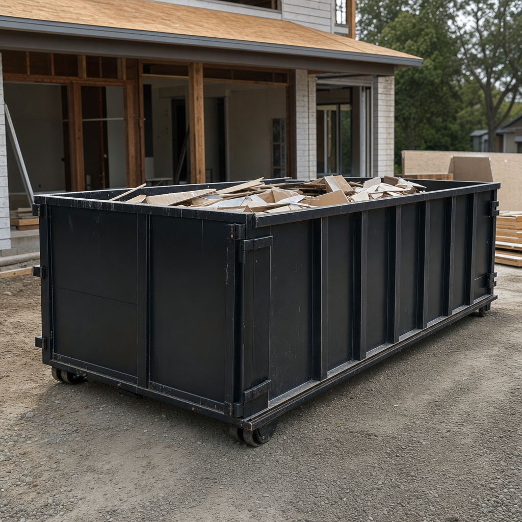 Large matte-black 30-yard construction roll-off dumpster at an active Orlando jobsite, steel-gray top rails and bottom rollers visible, loaded with construction debris.