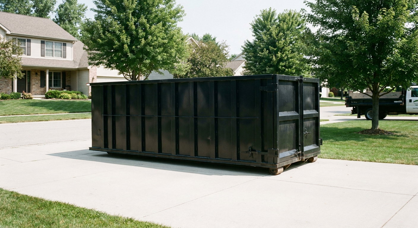 Matte-black 20-yard roll-off dumpster sitting level on a clean Orlando residential concrete driveway under bright daylight, demonstrating clean placement directly on the concrete.