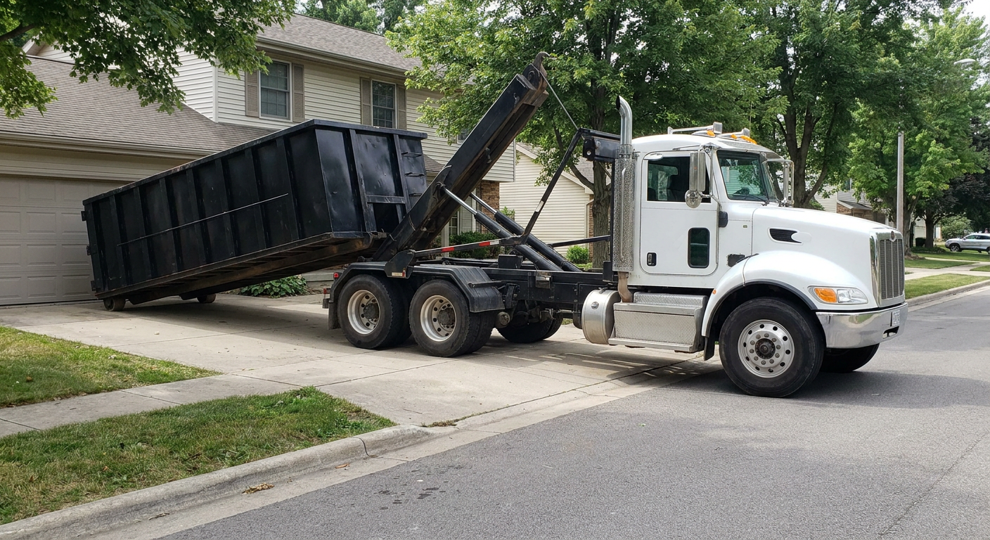 White-cab hooklift roll-off truck actively lowering a matte-black dumpster onto a Orlando residential concrete driveway, the dumpster's rear wheels touching the driveway as the hoist arm tilts the bed forward, mid-morning daylight.