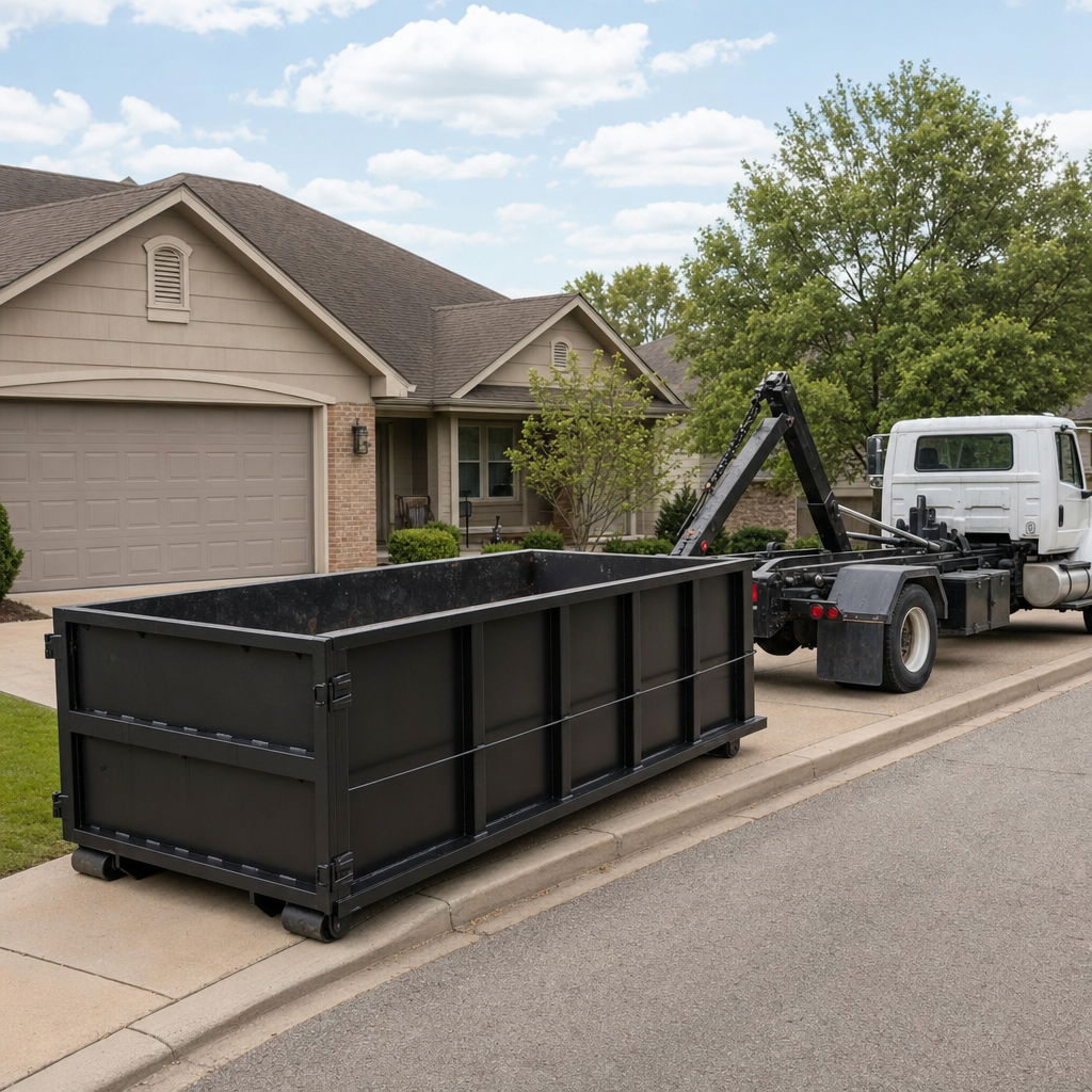 Wide documentary shot of a matte-black roll-off dumpster on a Orlando residential driveway in the foreground and a contractor jobsite container in the soft-focus background, bright daylight, calm and orderly composition.