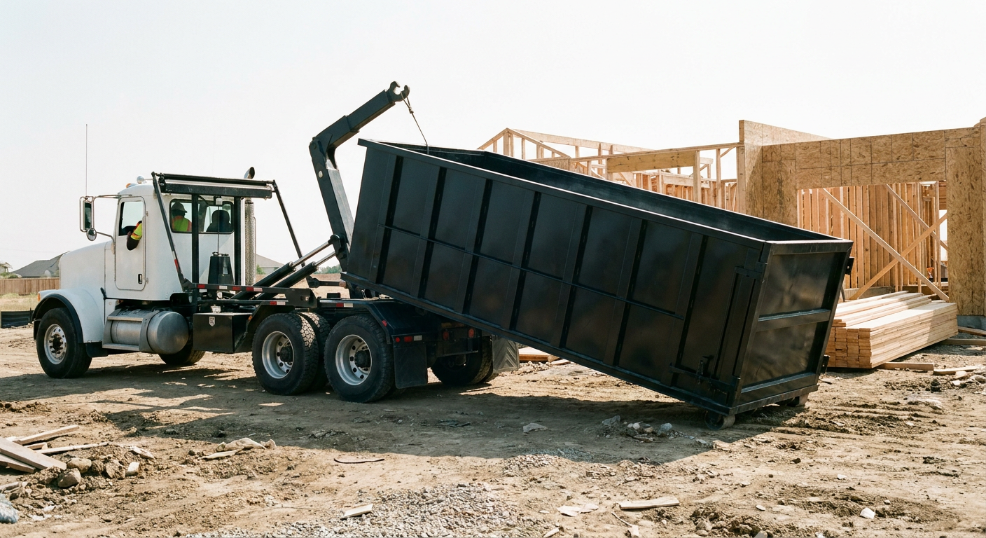 Matte-black roll-off dumpster being delivered onto a clean residential concrete driveway in Orlando by an unmarked white hooklift hauler truck, bright morning daylight, documentary 35mm perspective.