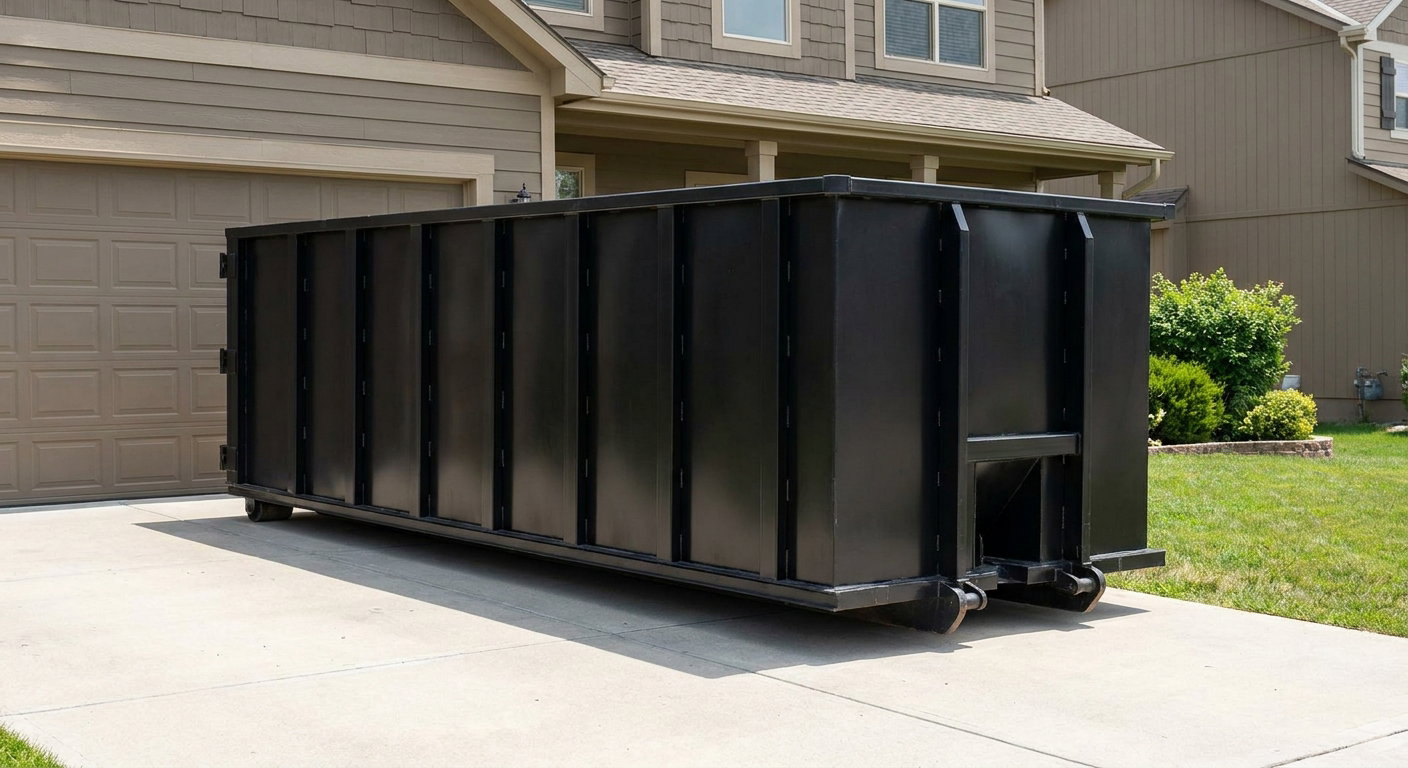 Matte-black residential roll-off dumpster sitting directly on a suburban Orlando concrete driveway, garage door closed, single-family home in background, bright morning daylight.