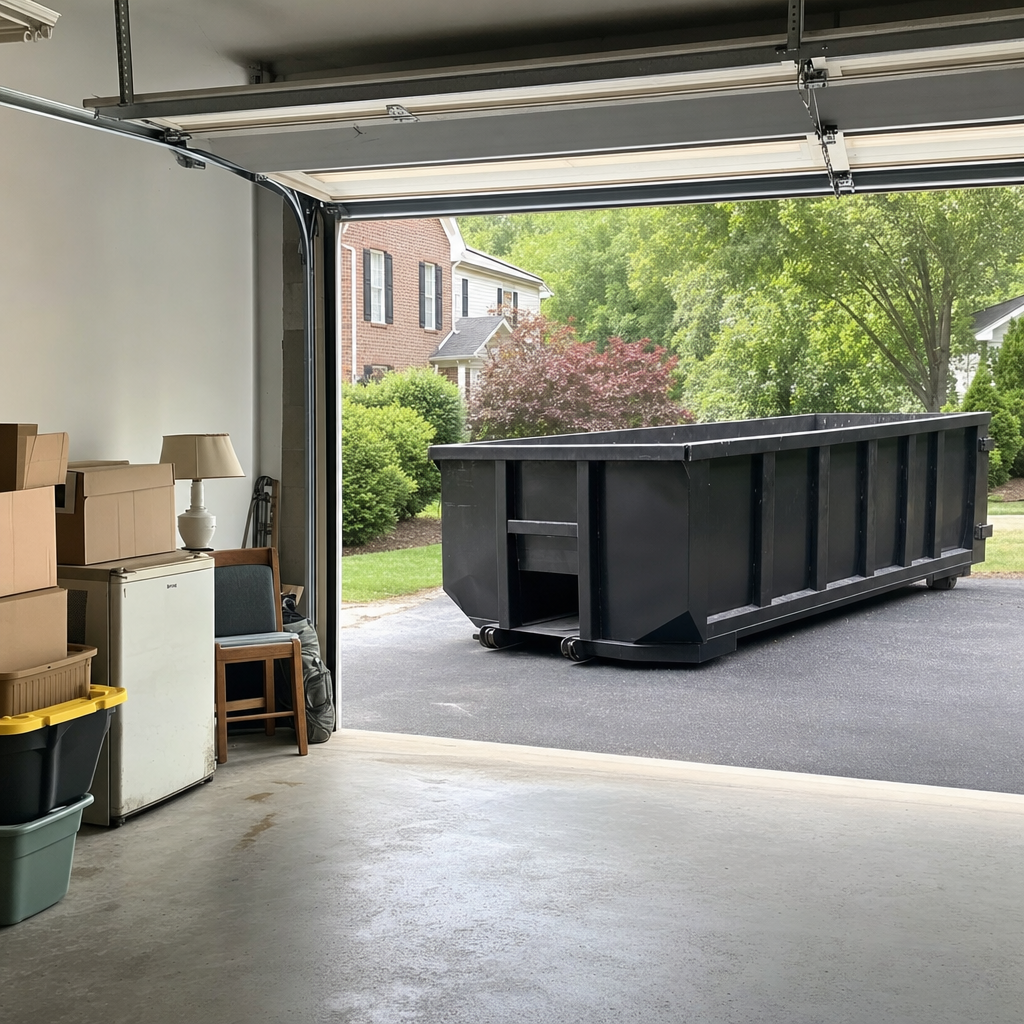 Open garage interior in a Orlando home mid-cleanout — boxed items, an old appliance, and stacked yard tools queued near the driveway for a matte-black roll-off dumpster, organized and calm