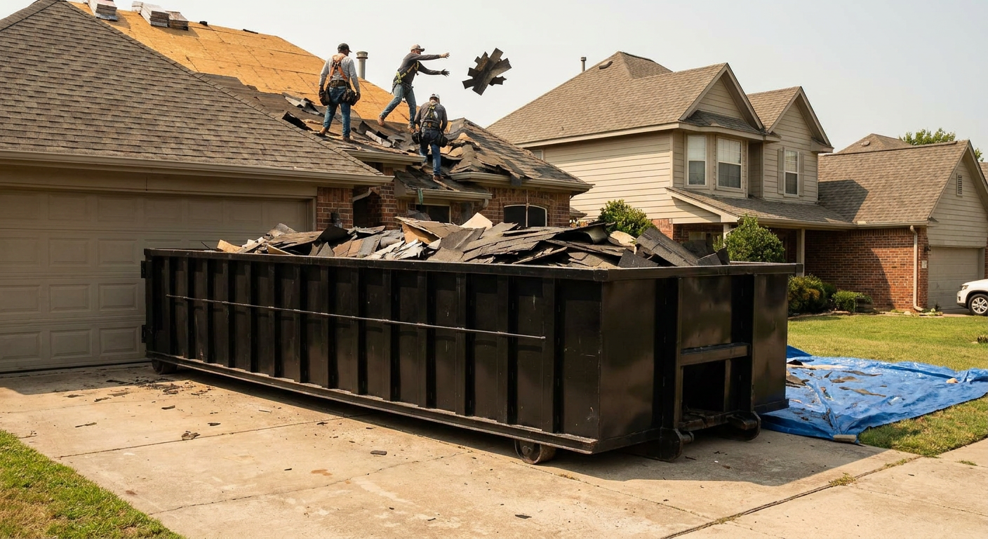 Matte-black roofing roll-off dumpster placed directly on a Orlando residential concrete driveway, a tear-off crew on a two-story asphalt-shingle roof tossing shingle bundles into the low-walled container, bright daylight, documentary 35mm perspective.