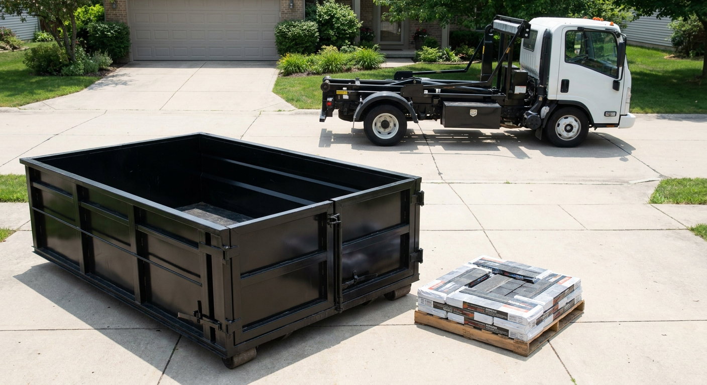 Matte-black 15-yard roofing roll-off dumpster with reinforced low side walls sitting directly on a Orlando residential concrete driveway, three-tab asphalt shingle bundles stacked nearby, an unmarked white hauler truck partially visible at the edge of the frame.