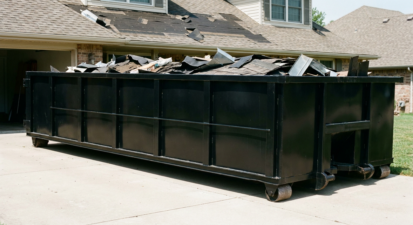 Matte-black 20-yard roofing roll-off dumpster with steel ribbed sides and swinging rear door, sitting directly on the concrete driveway of a two-story Orlando home, asphalt shingle debris being loaded over the low wall, clean documentary lighting.