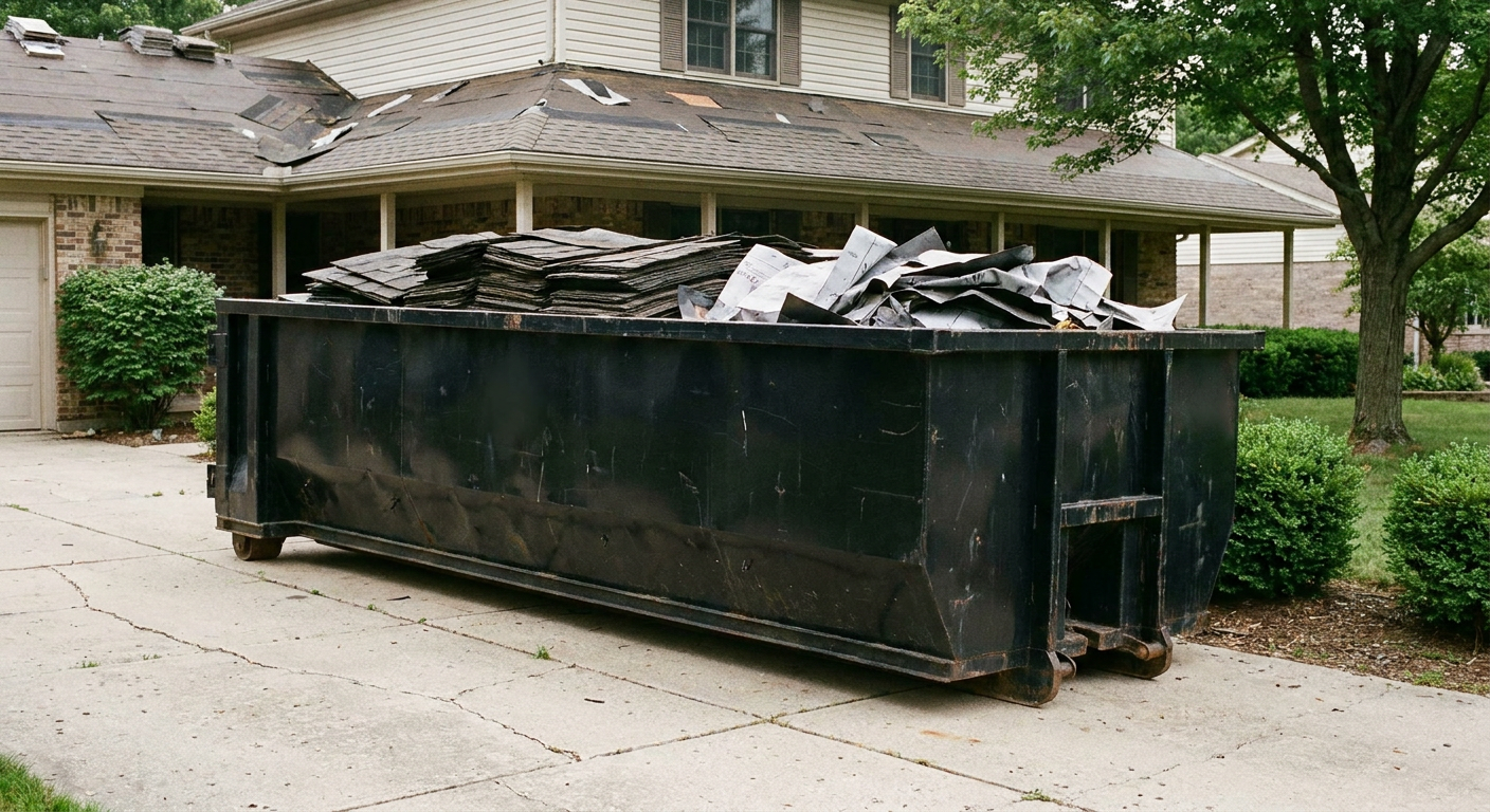Matte-black 30-yard roofing roll-off dumpster sitting directly on a Orlando concrete driveway, taller ribbed steel side panels, mixed tear-off debris of asphalt shingles and underlayment inside, professional documentary daylight.