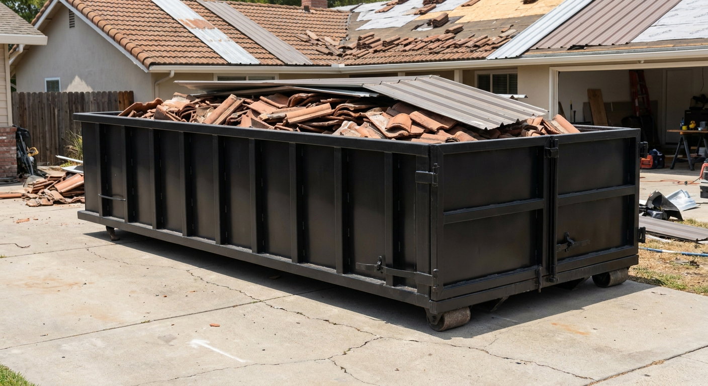 Matte-black low-wall heavy-debris roofing roll-off dumpster sitting directly on a Orlando concrete driveway, broken concrete clay roof tiles and metal panel sections loaded inside, reinforced ribbed steel side walls visible, bright outdoor daylight.