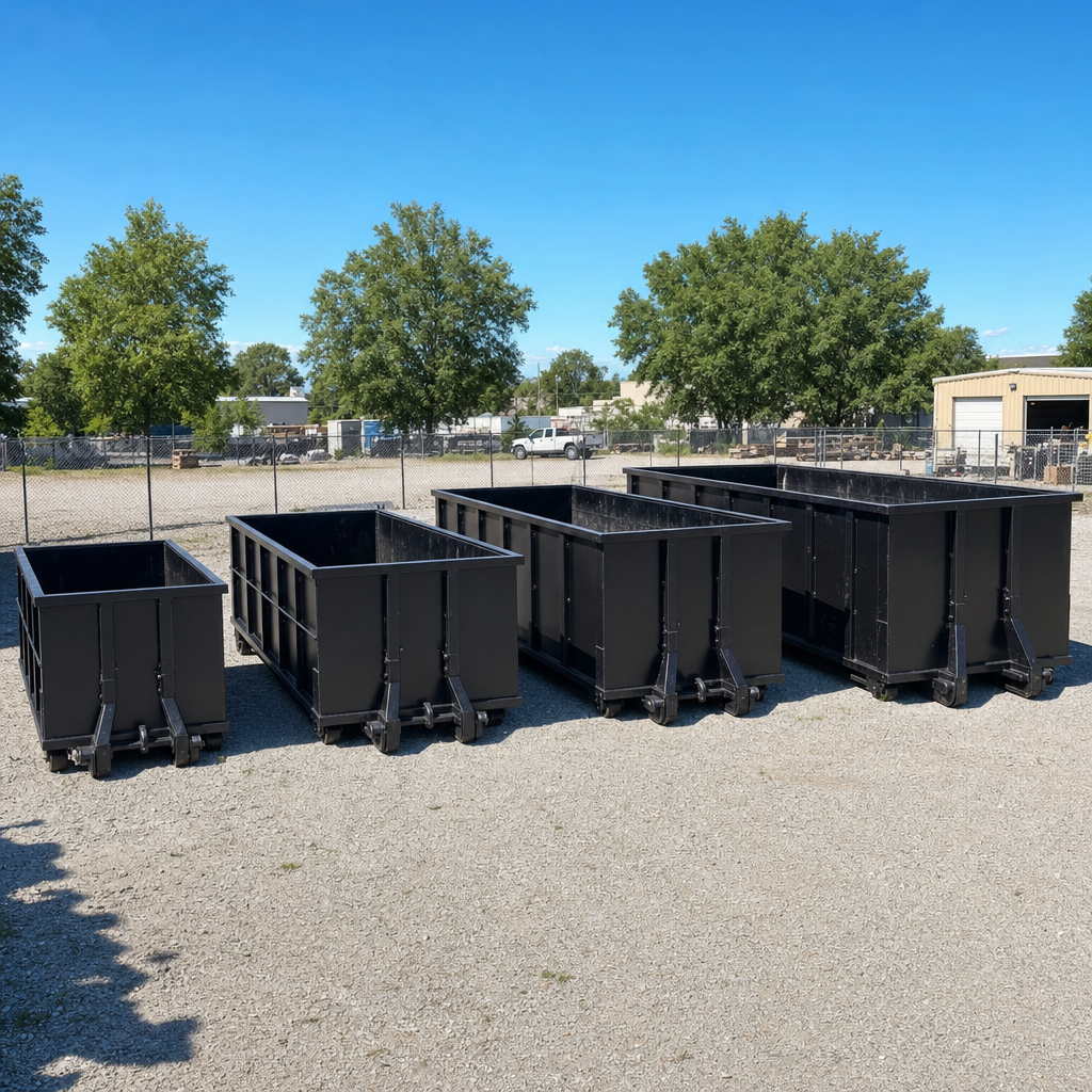 A clean lineup of matte-black roll-off dumpsters in 10, 20, 30, and 40-yard sizes staged on a sunlit gravel yard in Orlando, showing the size progression from compact to commercial-scale containers.