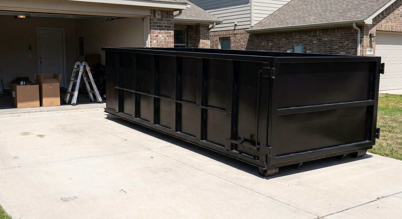 A matte-black 10-yard roll-off dumpster sitting directly on a residential Orlando concrete driveway, mid-day sunlight, clean and ready for a garage cleanout.