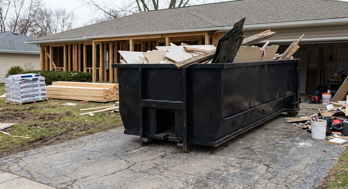 A matte-black 20-yard roll-off dumpster placed alongside a mid-renovation Orlando home directly on the asphalt driveway, with framing materials and torn-off shingles staged neatly nearby.