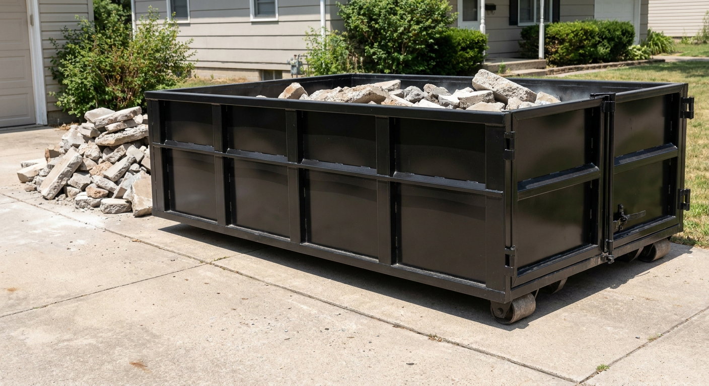 A matte-black low-side heavy-debris roll-off dumpster placed directly on a Orlando concrete driveway, with broken concrete chunks neatly stacked beside it under clean daylight.